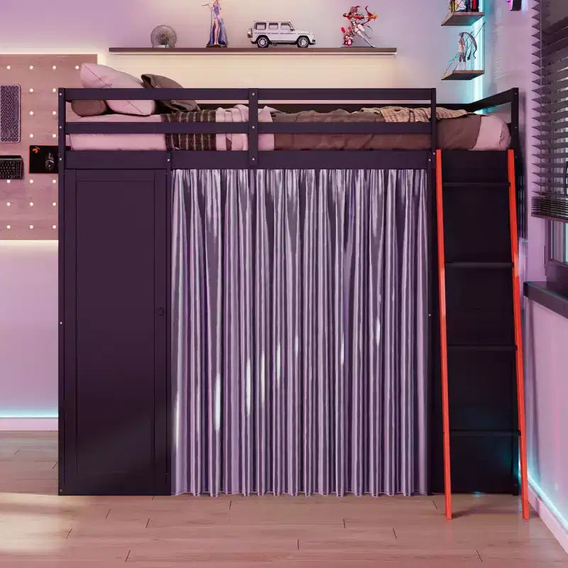 Lit mezzanine gamer pleine grandeur avec bureau, prises de courant, panneau perforé RVB et armoire