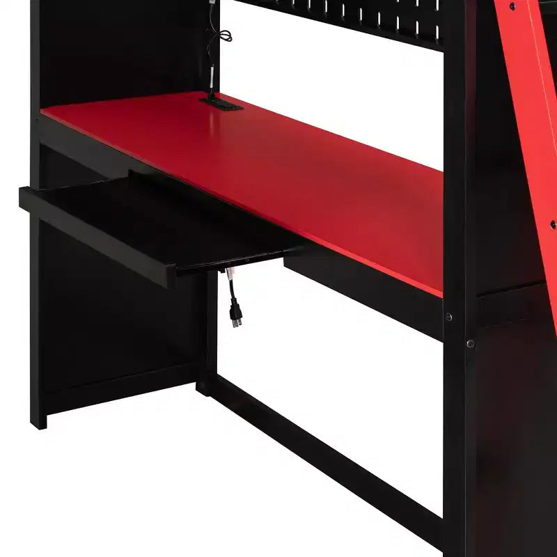 Lit mezzanine gamer pleine grandeur avec bureau, prises de courant, panneau perforé RVB et armoire