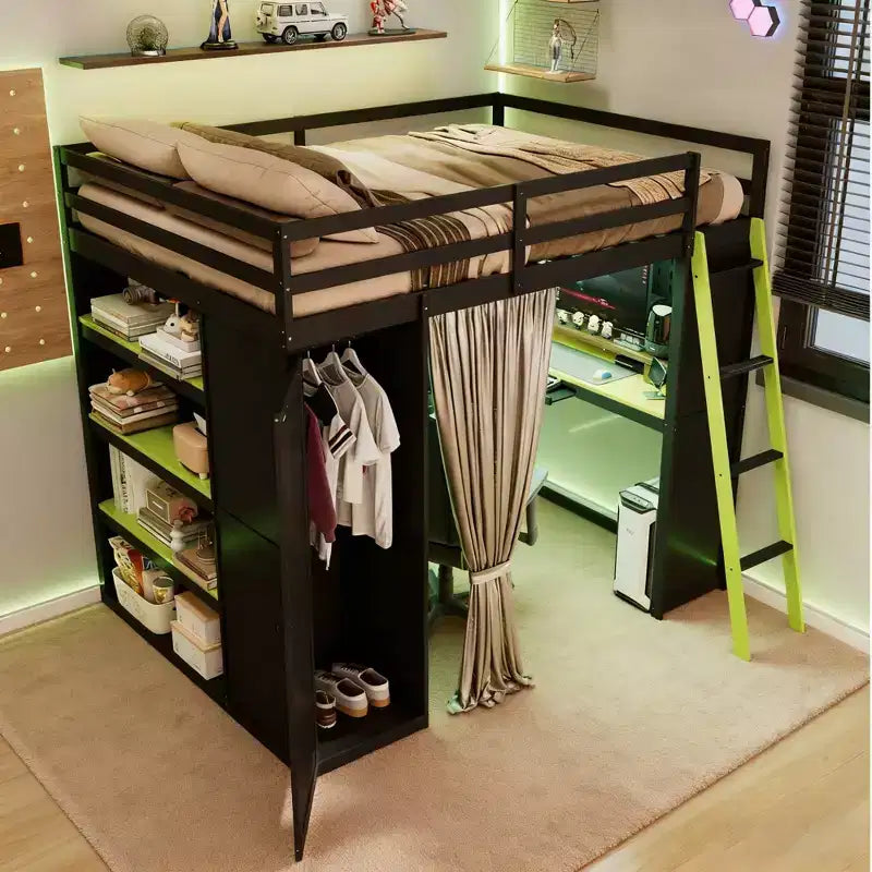 Lit mezzanine gamer pleine grandeur avec bureau, prises de courant, panneau perforé RVB et armoire