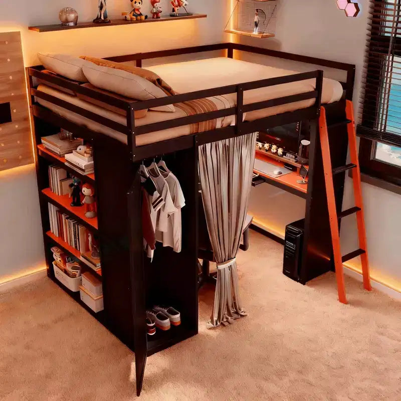 Lit mezzanine gamer pleine grandeur avec bureau, prises de courant, panneau perforé RVB et armoire
