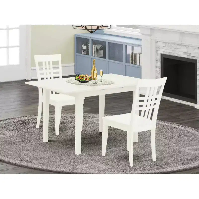 Ensemble de table à manger rectangulaire en bois massif blanc cassé 3 pièces avec rallonge papillon
