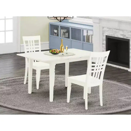 Ensemble de table à manger rectangulaire en bois massif blanc cassé 3 pièces avec rallonge papillon