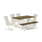 HomeStock 6-Pc Rectangle Distressed Jacobean Finish Solid Wood Top Dining Table with 1-Bench, 4-Chairs