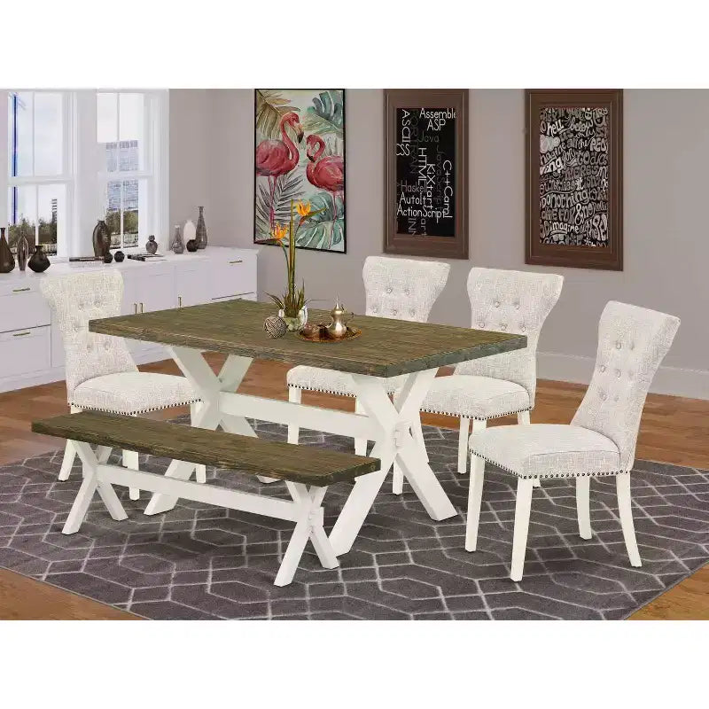 Ensemble de salle à manger 6 pièces en bois massif Jacobean vieilli avec banc et 4 chaises
