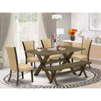 Table à manger 6 pièces en bois massif jacobéen vieilli avec banc et 4 chaises