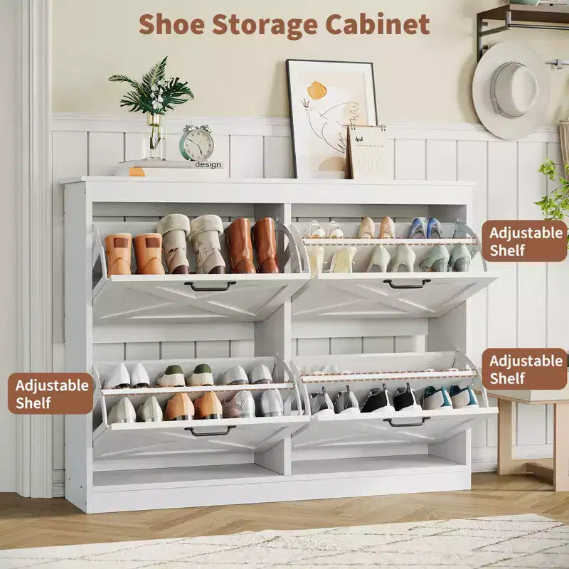 41Meuble à chaussures avec 4 tiroirs basculants, meuble à chaussures moderne style ferme avec étagères réglables, organisateur autoportant étroit pour salon, chambre à coucher