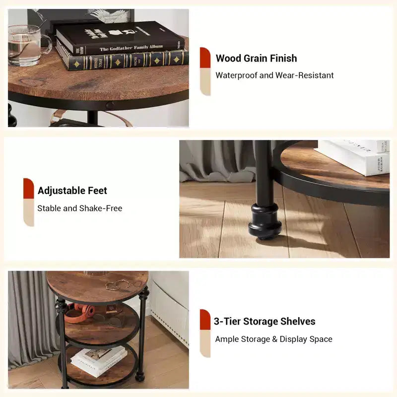 Table d'appoint ronde à trois niveaux, parfaite pour décorer les petits salons. Dotée de pieds en métal, elle convient aux chambres et aux salons.