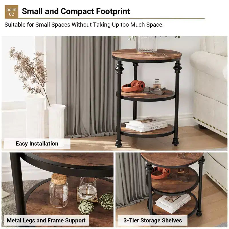 Table d'appoint ronde à trois niveaux, parfaite pour décorer les petits salons. Dotée de pieds en métal, elle convient aux chambres et aux salons.