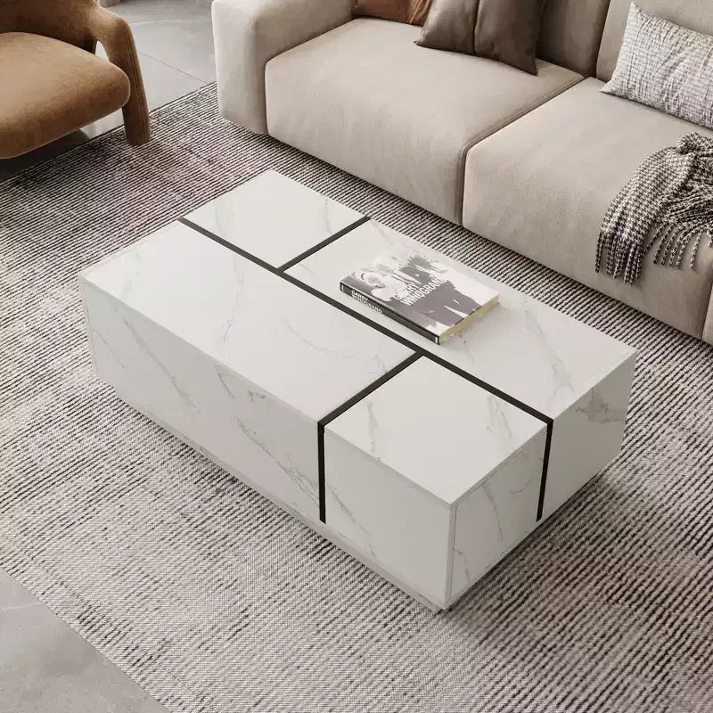 Table basse rectangulaire avec plateau coulissant, 2 tiroirs et rangement caché