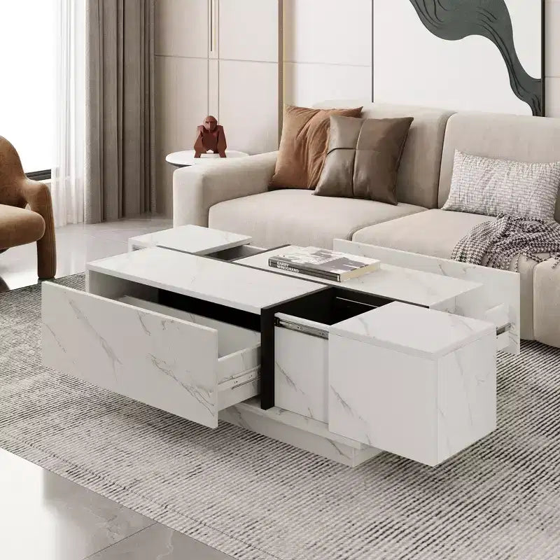 Table basse rectangulaire avec plateau coulissant, 2 tiroirs et rangement caché