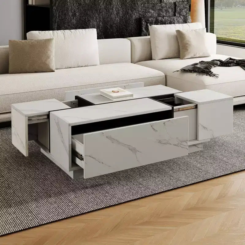 Table basse rectangulaire avec plateau coulissant, 2 tiroirs et rangement caché