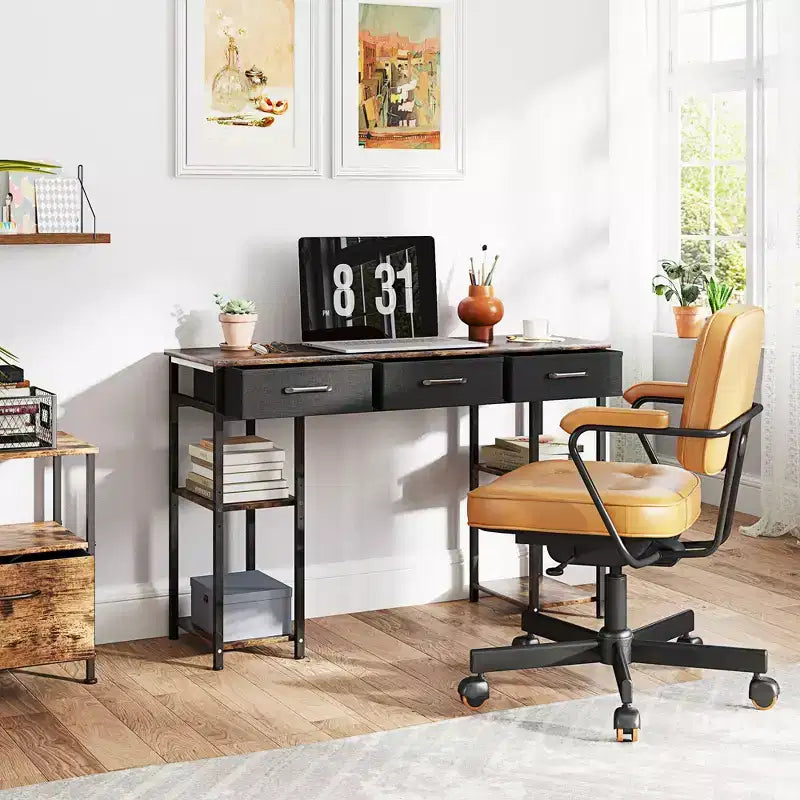 47 Petit Bureau d'Ordinateur, Bureau d'Écriture avec Tiroirs en Tissu, Bureau à Domicile avec Étagères Réglables