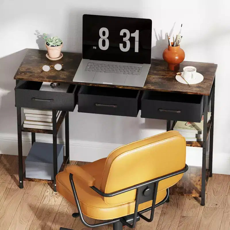 47 Petit Bureau d'Ordinateur, Bureau d'Écriture avec Tiroirs en Tissu, Bureau à Domicile avec Étagères Réglables