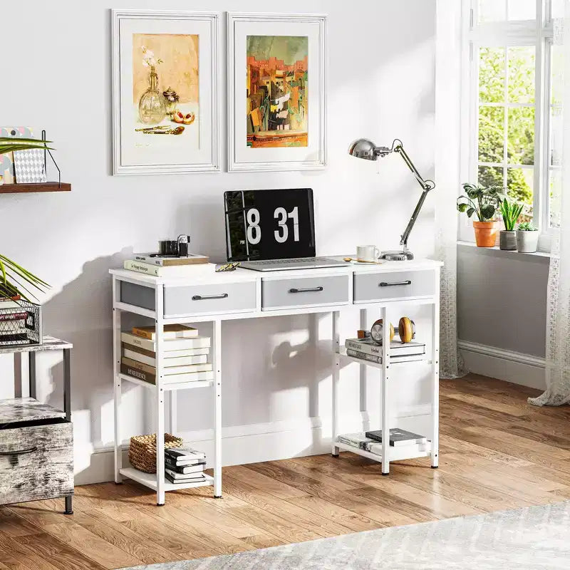 47 Petit Bureau d'Ordinateur, Bureau d'Écriture avec Tiroirs en Tissu, Bureau à Domicile avec Étagères Réglables