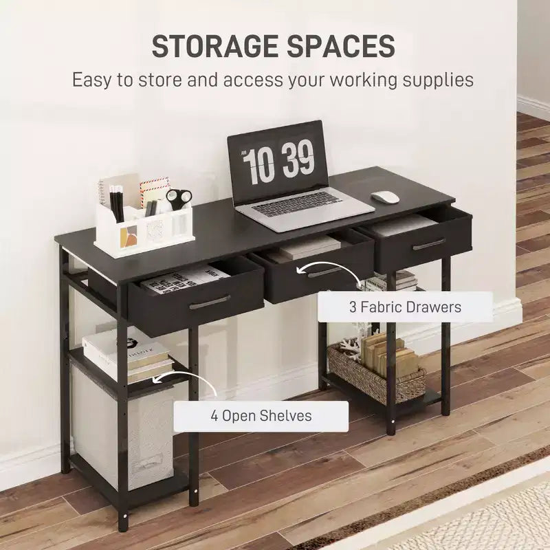 47 Petit Bureau d'Ordinateur, Bureau d'Écriture avec Tiroirs en Tissu, Bureau à Domicile avec Étagères Réglables