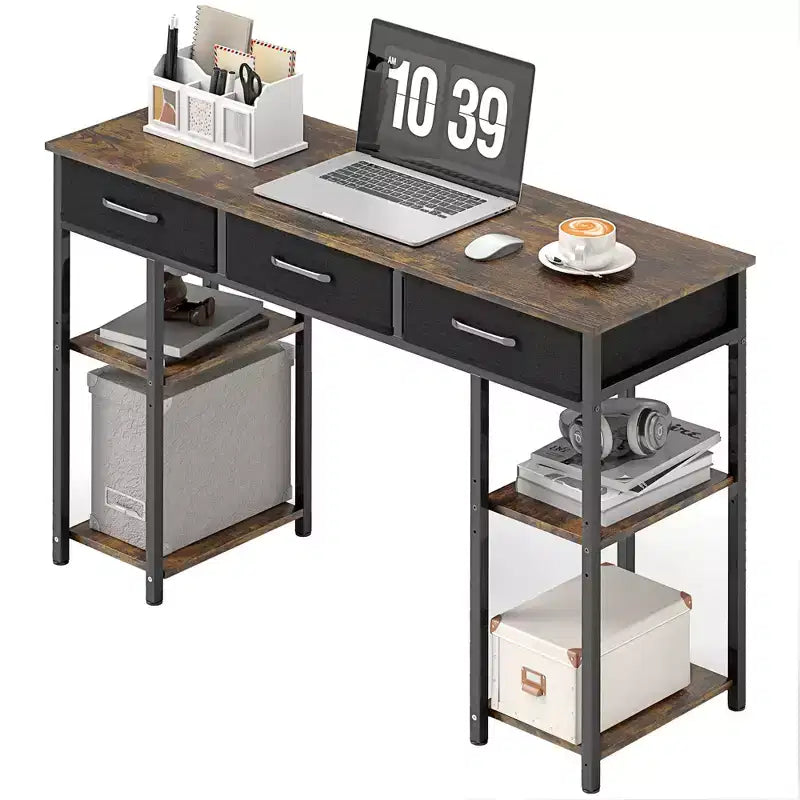 47 Petit Bureau d'Ordinateur, Bureau d'Écriture avec Tiroirs en Tissu, Bureau à Domicile avec Étagères Réglables