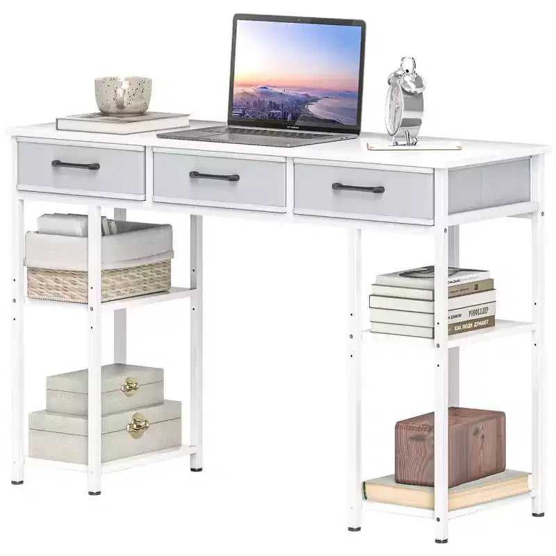 47 Petit Bureau d'Ordinateur, Bureau d'Écriture avec Tiroirs en Tissu, Bureau à Domicile avec Étagères Réglables