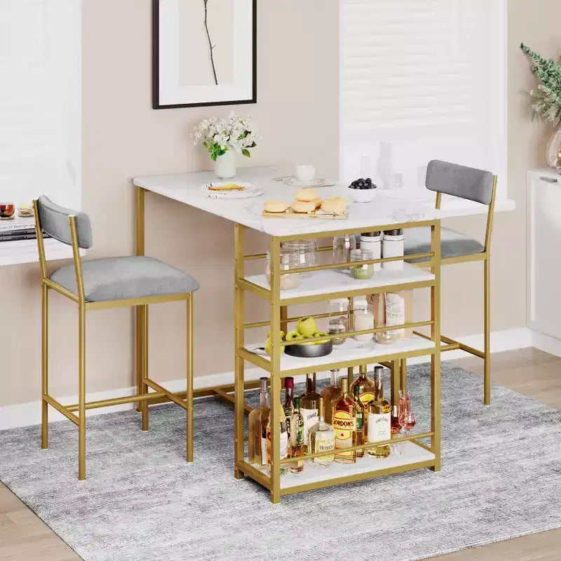 Ensemble Table et Chaises de Bar pour 2 Personnes, Table de Bar Compacte 3 Pièces avec 2 Tabourets Rembourrés en PU, 3 Étagères de Rangement, Ensemble de Salle à Manger Moderne Peu Encombrant