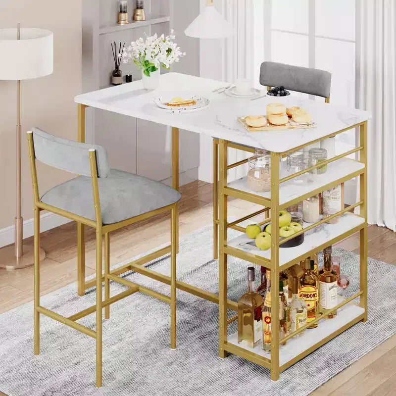 Ensemble Table et Chaises de Bar pour 2 Personnes, Table de Bar Compacte 3 Pièces avec 2 Tabourets Rembourrés en PU, 3 Étagères de Rangement, Ensemble de Salle à Manger Moderne Peu Encombrant