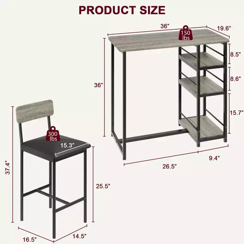 Ensemble Table et Chaises de Bar pour 2 Personnes, Table de Bar Compacte 3 Pièces avec 2 Tabourets Rembourrés en PU, 3 Étagères de Rangement, Ensemble de Salle à Manger Moderne Peu Encombrant