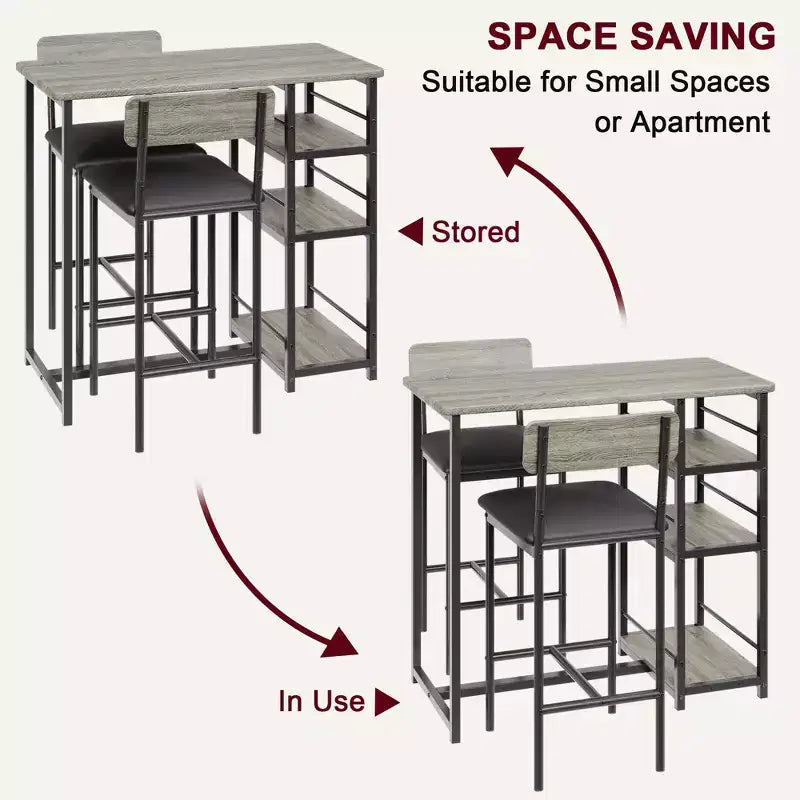Ensemble Table et Chaises de Bar pour 2 Personnes, Table de Bar Compacte 3 Pièces avec 2 Tabourets Rembourrés en PU, 3 Étagères de Rangement, Ensemble de Salle à Manger Moderne Peu Encombrant