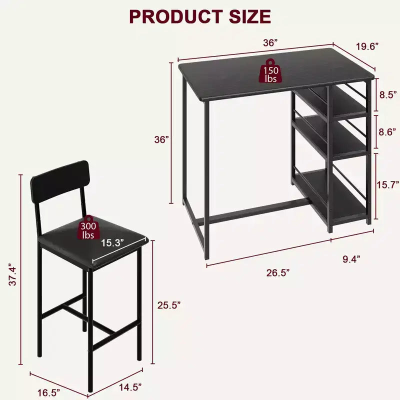 Ensemble Table et Chaises de Bar pour 2 Personnes, Table de Bar Compacte 3 Pièces avec 2 Tabourets Rembourrés en PU, 3 Étagères de Rangement, Ensemble de Salle à Manger Moderne Peu Encombrant