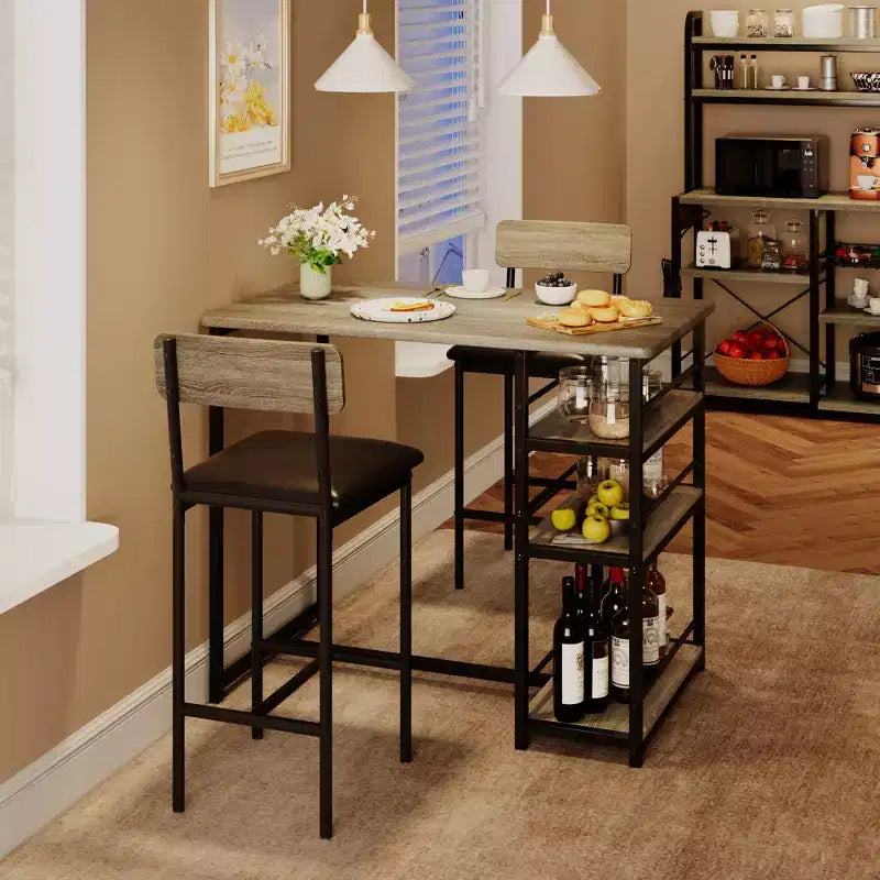Ensemble Table et Chaises de Bar pour 2 Personnes, Table de Bar Compacte 3 Pièces avec 2 Tabourets Rembourrés en PU, 3 Étagères de Rangement, Ensemble de Salle à Manger Moderne Peu Encombrant
