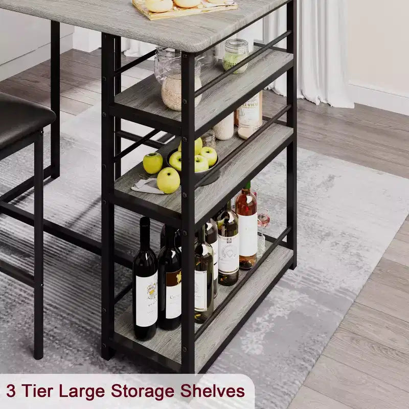 Ensemble Table et Chaises de Bar pour 2 Personnes, Table de Bar Compacte 3 Pièces avec 2 Tabourets Rembourrés en PU, 3 Étagères de Rangement, Ensemble de Salle à Manger Moderne Peu Encombrant