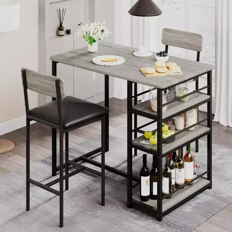 Ensemble Table et Chaises de Bar pour 2 Personnes, Table de Bar Compacte 3 Pièces avec 2 Tabourets Rembourrés en PU, 3 Étagères de Rangement, Ensemble de Salle à Manger Moderne Peu Encombrant