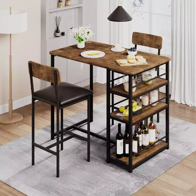 Ensemble Table et Chaises de Bar pour 2 Personnes, Table de Bar Compacte 3 Pièces avec 2 Tabourets Rembourrés en PU, 3 Étagères de Rangement, Ensemble de Salle à Manger Moderne Peu Encombrant