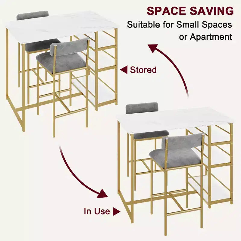 Ensemble Table et Chaises de Bar pour 2 Personnes, Table de Bar Compacte 3 Pièces avec 2 Tabourets Rembourrés en PU, 3 Étagères de Rangement, Ensemble de Salle à Manger Moderne Peu Encombrant