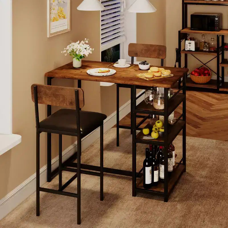 Ensemble Table et Chaises de Bar pour 2 Personnes, Table de Bar Compacte 3 Pièces avec 2 Tabourets Rembourrés en PU, 3 Étagères de Rangement, Ensemble de Salle à Manger Moderne Peu Encombrant