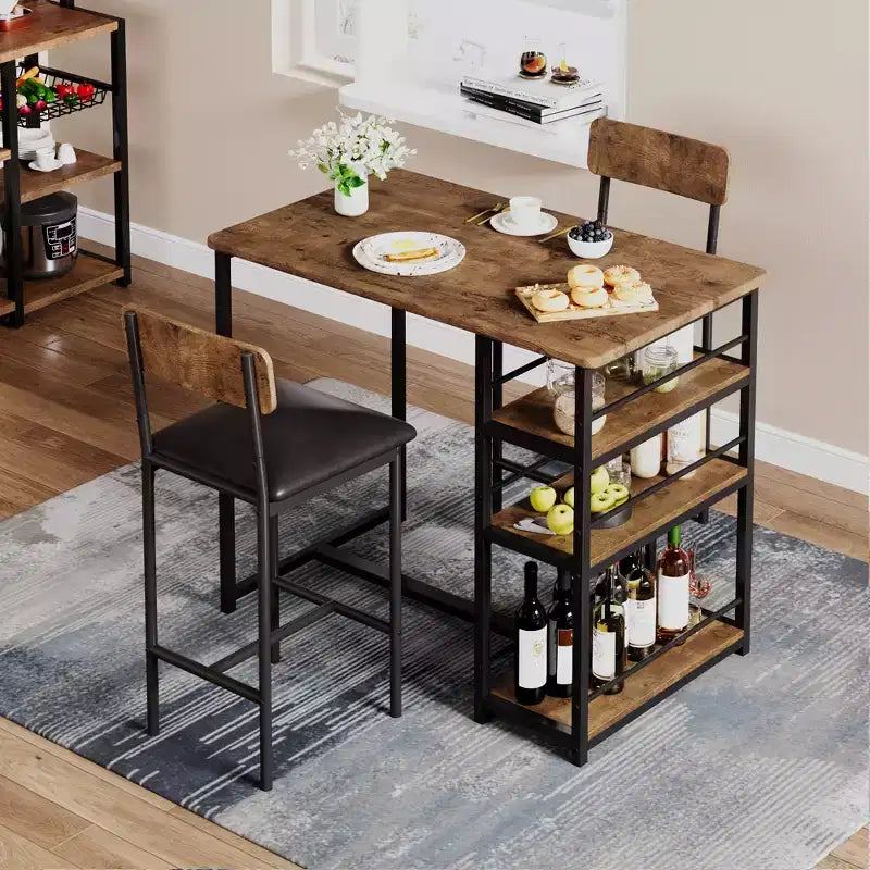Ensemble Table et Chaises de Bar pour 2 Personnes, Table de Bar Compacte 3 Pièces avec 2 Tabourets Rembourrés en PU, 3 Étagères de Rangement, Ensemble de Salle à Manger Moderne Peu Encombrant