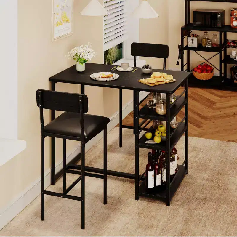 Ensemble Table et Chaises de Bar pour 2 Personnes, Table de Bar Compacte 3 Pièces avec 2 Tabourets Rembourrés en PU, 3 Étagères de Rangement, Ensemble de Salle à Manger Moderne Peu Encombrant