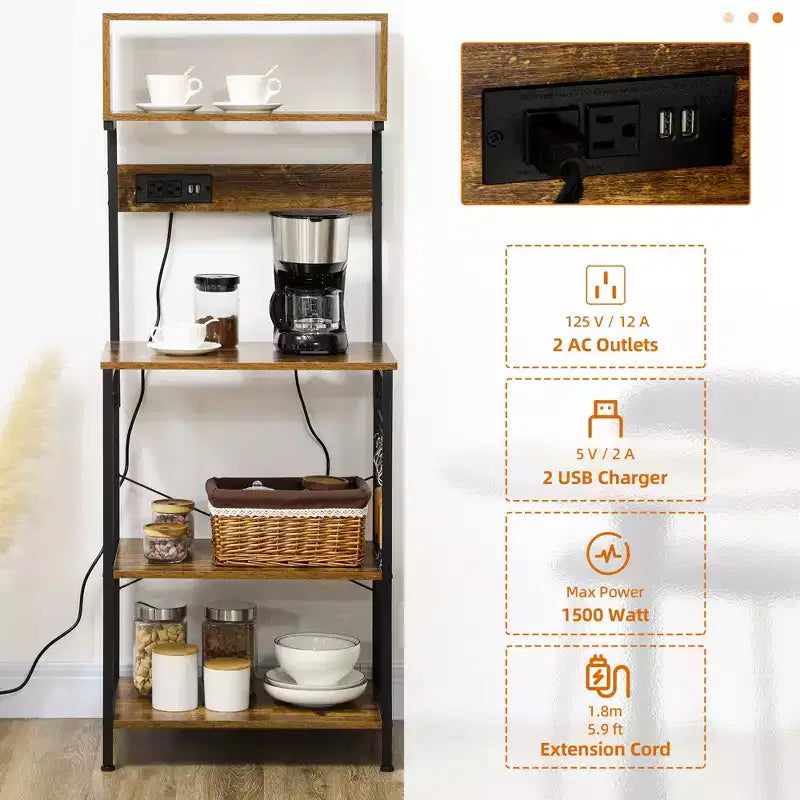 Étagère de cuisine pour boulanger avec prise de courant, chargeur USB, support de micro-ondes avec étagères réglables, 5 crochets pour épices, casseroles et poêles