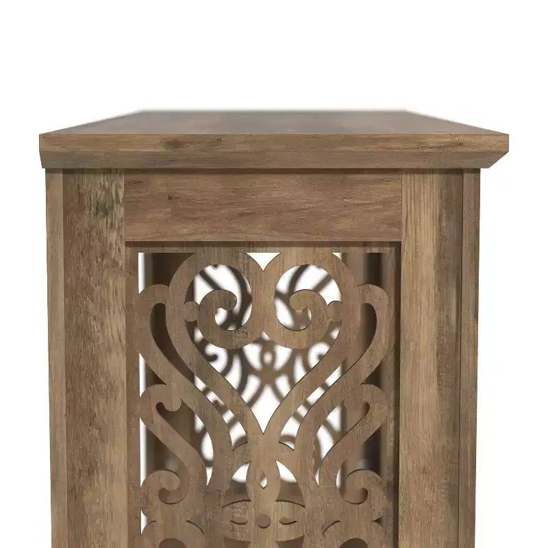 Console en chêne noueux avec panneaux latéraux découpés au laser – 107 cm (L) x 37,5 cm (P) x 74 cm (H)