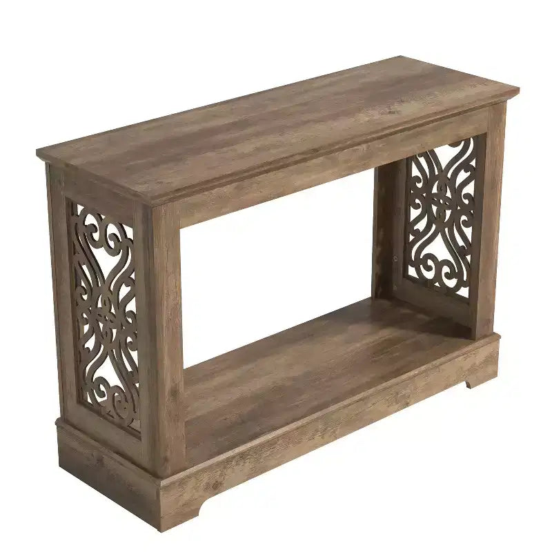 Console en chêne noueux avec panneaux latéraux découpés au laser – 107 cm (L) x 37,5 cm (P) x 74 cm (H)