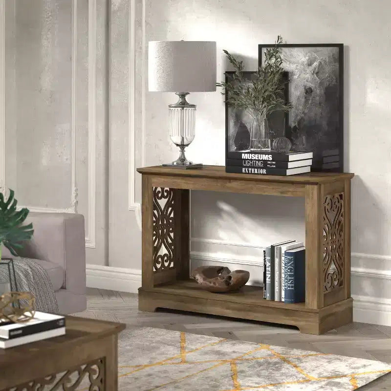 Console en chêne noueux avec panneaux latéraux découpés au laser – 107 cm (L) x 37,5 cm (P) x 74 cm (H)