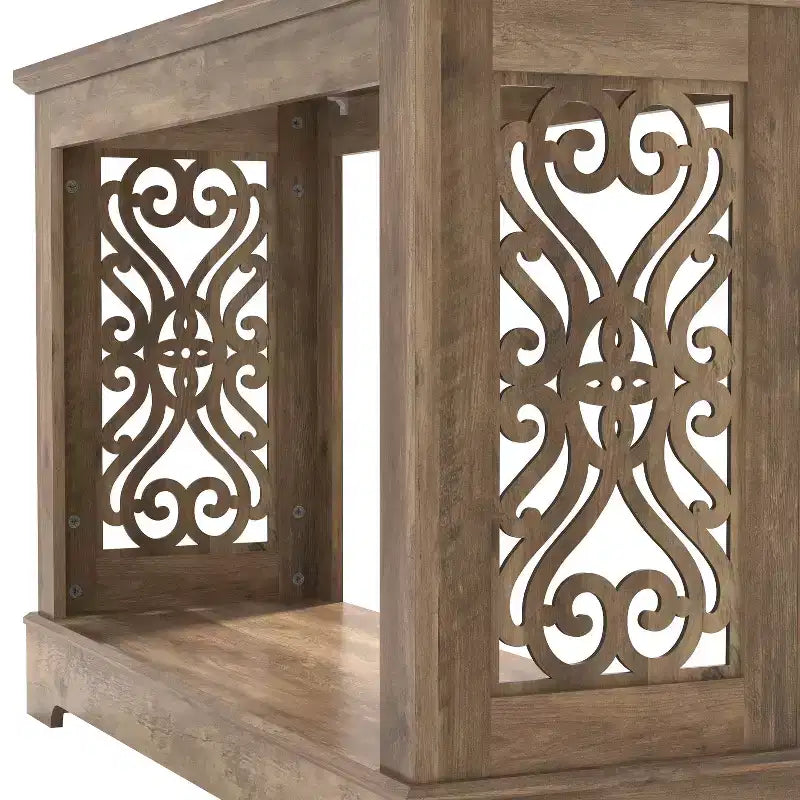 Console en chêne noueux avec panneaux latéraux découpés au laser – 107 cm (L) x 37,5 cm (P) x 74 cm (H)