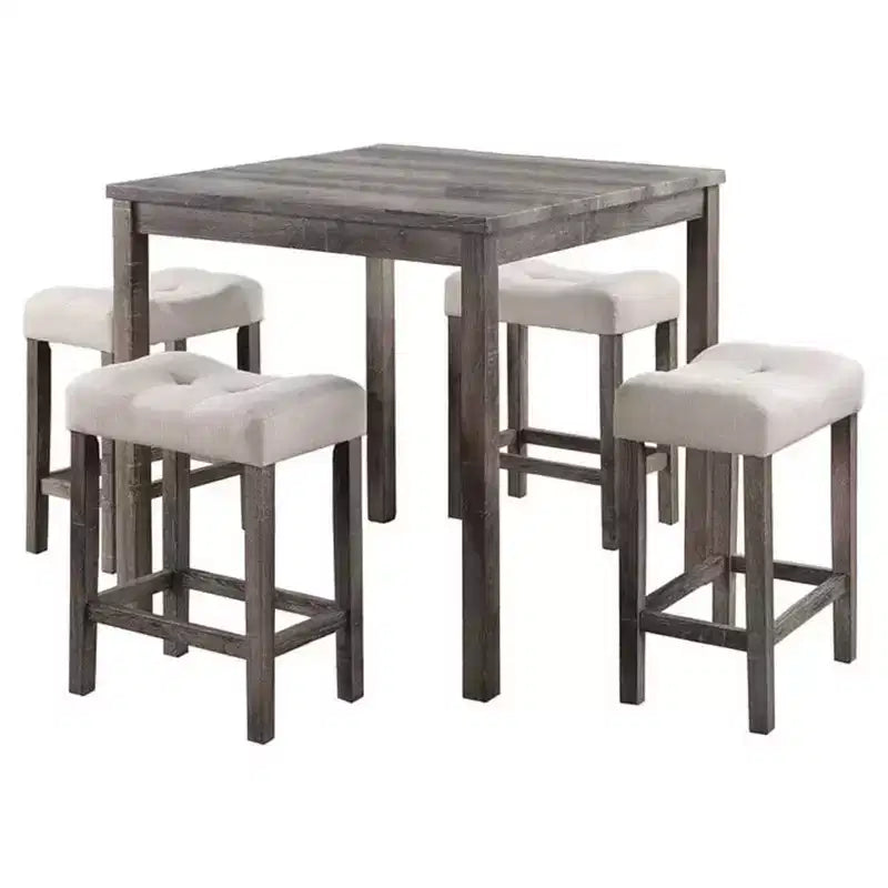 Ensemble de salle à manger 5 pièces hauteur comptoir avec 4 tabourets – Tissu beige et bois gris