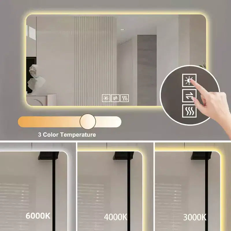 Miroir de courtoisie de salle de bain à LED de 28 x 60 pouces avec trois couleurs dimmables et fonction anti-buée à une touche