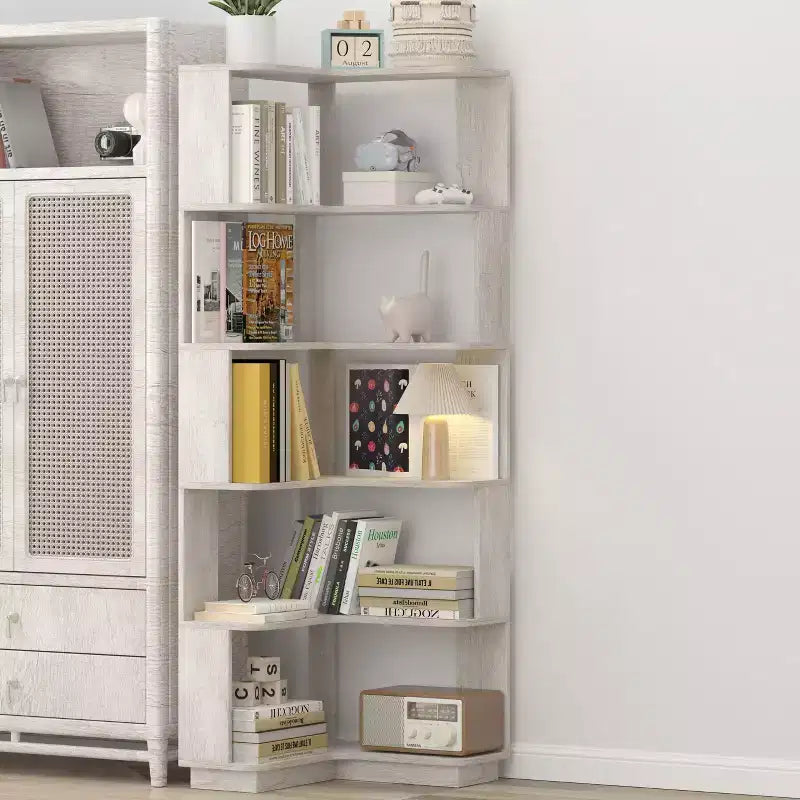 Étagère d'angle en forme de L à 6 niveaux avec dispositif anti-basculement – Affichage pour bureau à domicile