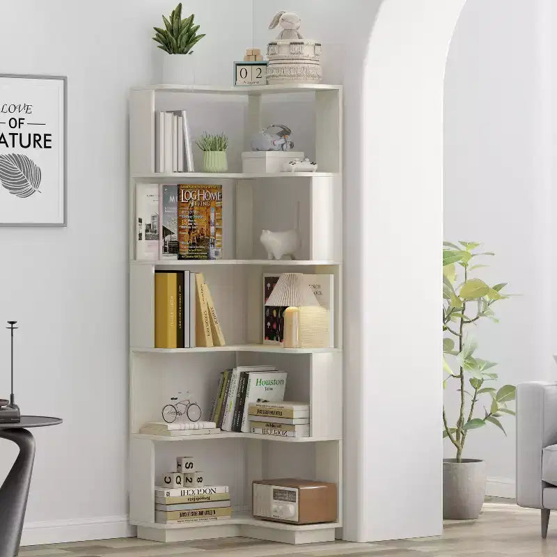Étagère d'angle en forme de L à 6 niveaux avec dispositif anti-basculement – Affichage pour bureau à domicile