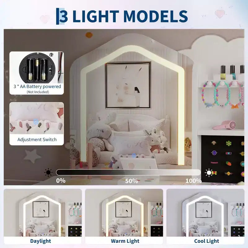 Coiffeuse pour enfants avec miroir lumineux, coiffeuse et tabouret pour petites filles, ensemble de table de maquillage pour tout-petits et ensemble de jeu de maquillage pour les filles de 3 à 8 ans