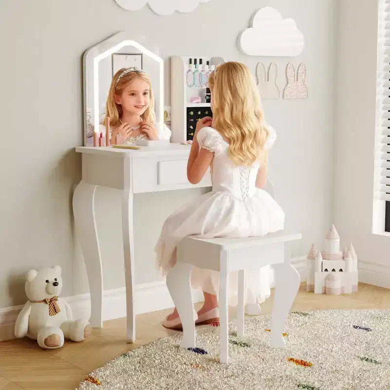 Coiffeuse pour enfants avec miroir lumineux, coiffeuse et tabouret pour petites filles, ensemble de table de maquillage pour tout-petits et ensemble de jeu de maquillage pour les filles de 3 à 8 ans