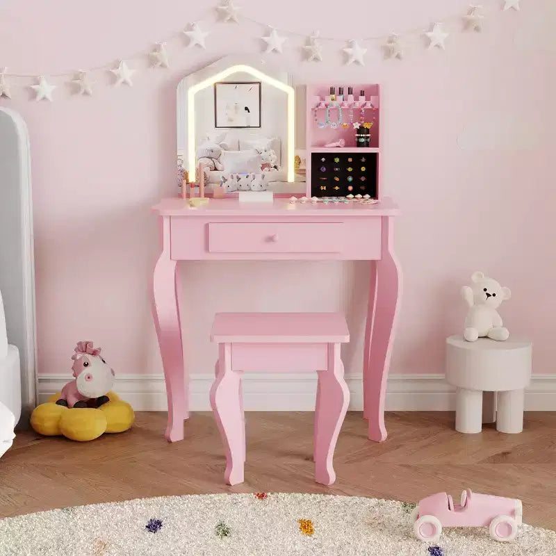 Coiffeuse pour enfants avec miroir lumineux, coiffeuse et tabouret pour petites filles, ensemble de table de maquillage pour tout-petits et ensemble de jeu de maquillage pour les filles de 3 à 8 ans