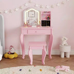 Coiffeuse pour enfants avec miroir lumineux, coiffeuse et tabouret pour petites filles, ensemble de table de maquillage pour tout-petits et ensemble de jeu de maquillage pour les filles de 3 à 8 ans