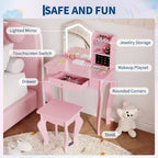 Coiffeuse pour enfants avec miroir lumineux, coiffeuse et tabouret pour petites filles, ensemble de table de maquillage pour tout-petits et ensemble de jeu de maquillage pour les filles de 3 à 8 ans