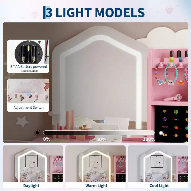 Coiffeuse pour enfants avec miroir lumineux, coiffeuse et tabouret pour petites filles, ensemble de table de maquillage pour tout-petits et ensemble de jeu de maquillage pour les filles de 3 à 8 ans