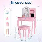 Coiffeuse pour enfants avec miroir lumineux, coiffeuse et tabouret pour petites filles, ensemble de table de maquillage pour tout-petits et ensemble de jeu de maquillage pour les filles de 3 à 8 ans